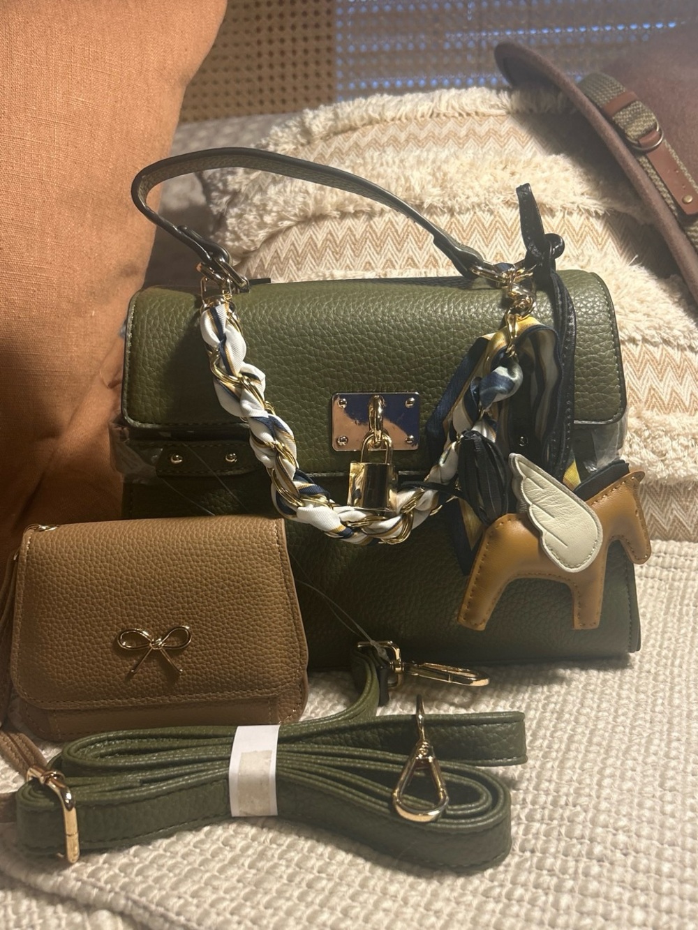 Olive Green Top-Handle Satchel with Decorative Charm